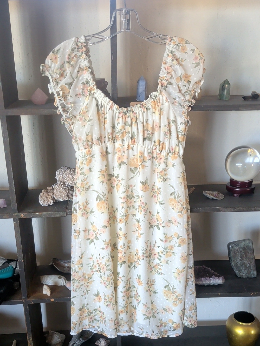 Altar'd State New With Tags Floral Chiffon Puff Sleeve Sun Dress - Cream & Peach